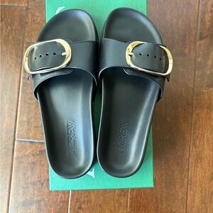 J. Crew Black Slide Sandals with Gold Buckle